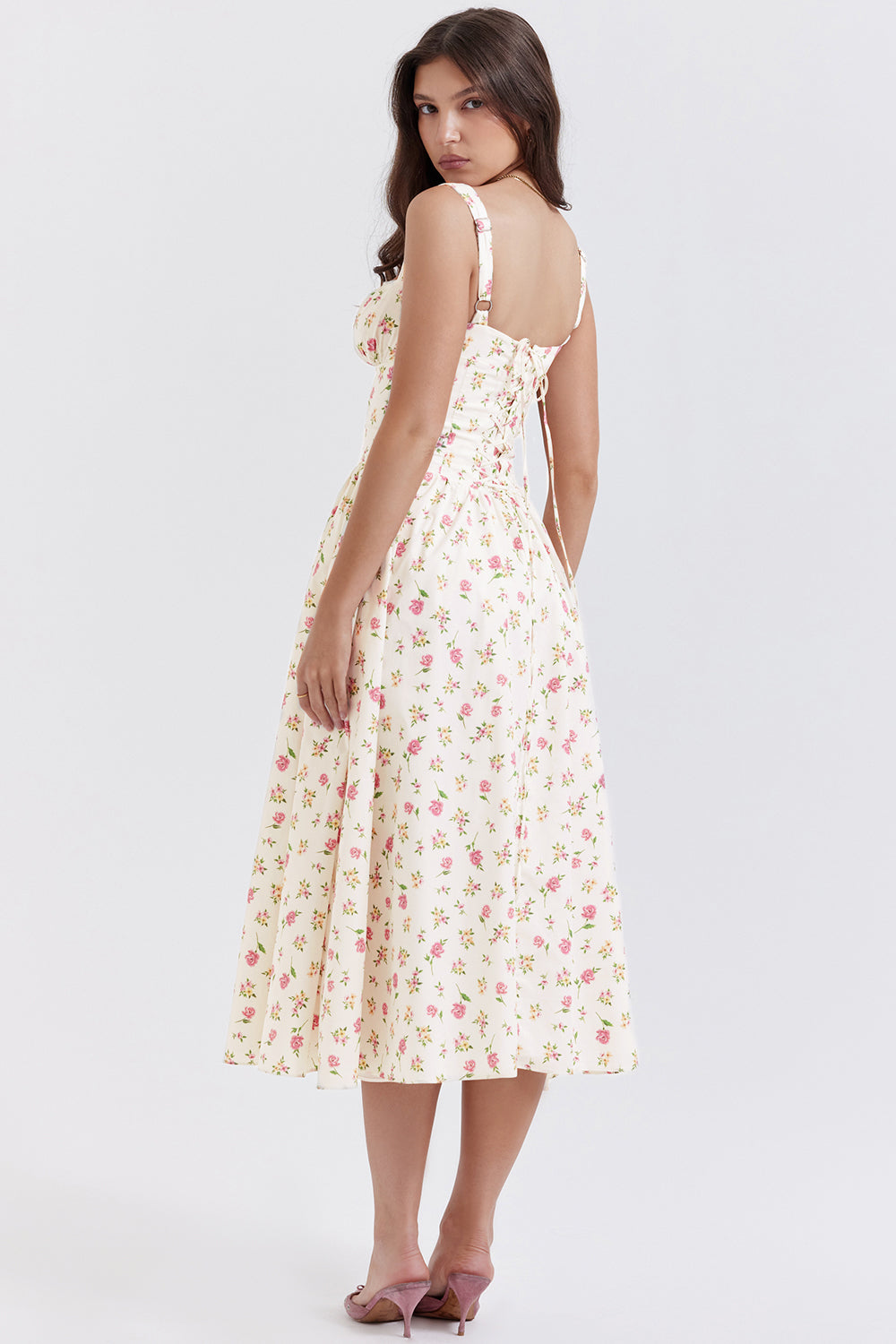 Flora™ | Vintage Midi-Kjole til Kvinder med Blomstermønster | Korsetliv & Svajende Nederdel for et Romantisk Look