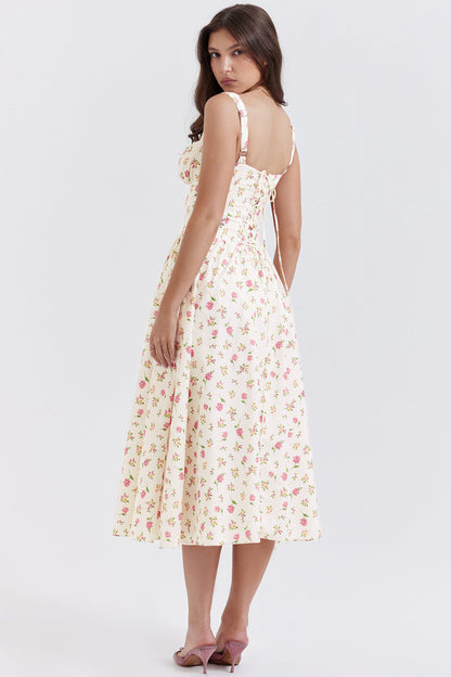 Flora™ | Vintage Midi-Kjole til Kvinder med Blomstermønster | Korsetliv & Svajende Nederdel for et Romantisk Look