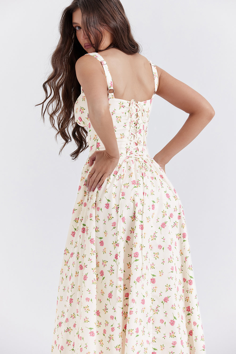 Flora™ | Vintage Midi-Kjole til Kvinder med Blomstermønster | Korsetliv & Svajende Nederdel for et Romantisk Look