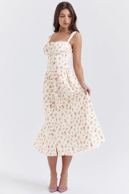 Flora™ | Vintage Midi-Kjole til Kvinder med Blomstermønster | Korsetliv & Svajende Nederdel for et Romantisk Look