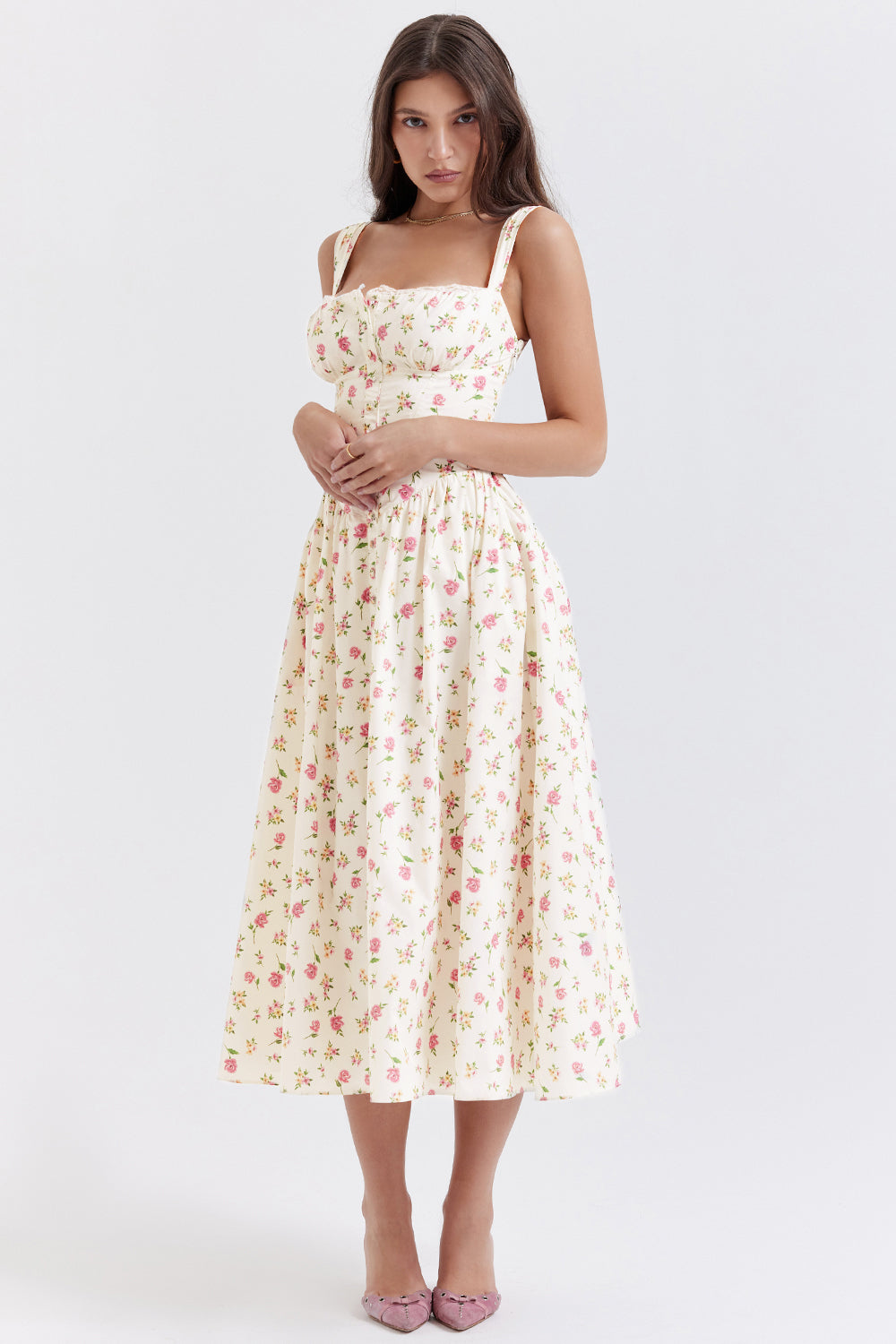Flora™ | Vintage Midi-Kjole til Kvinder med Blomstermønster | Korsetliv & Svajende Nederdel for et Romantisk Look
