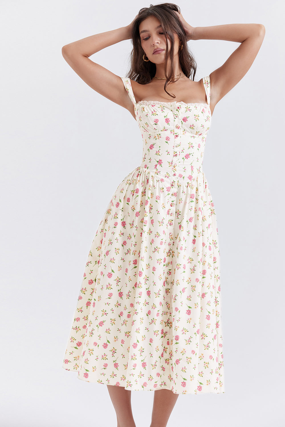 Flora™ | Vintage Midi-Kjole til Kvinder med Blomstermønster | Korsetliv & Svajende Nederdel for et Romantisk Look