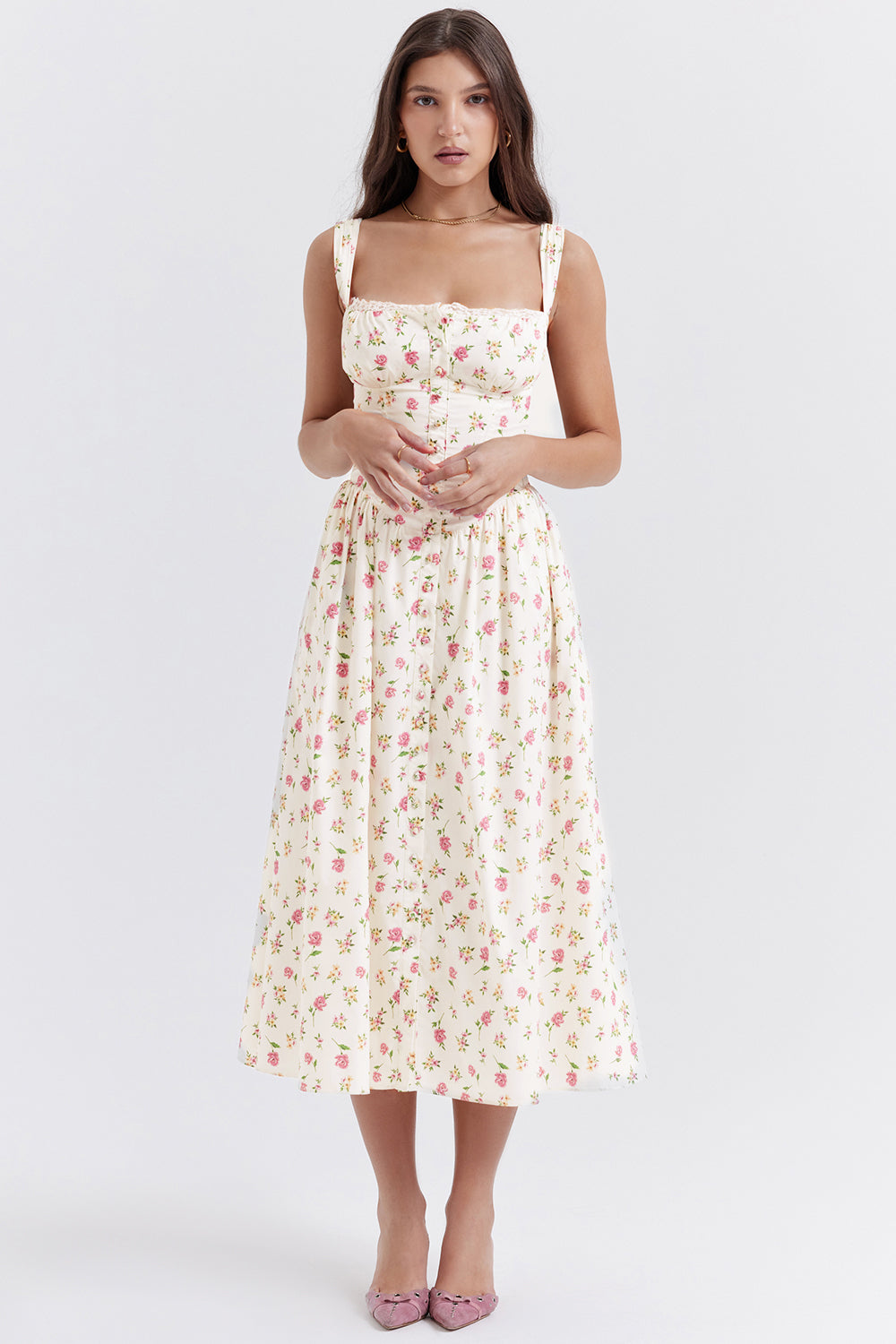 Flora™ | Vintage Midi-Kjole til Kvinder med Blomstermønster | Korsetliv & Svajende Nederdel for et Romantisk Look