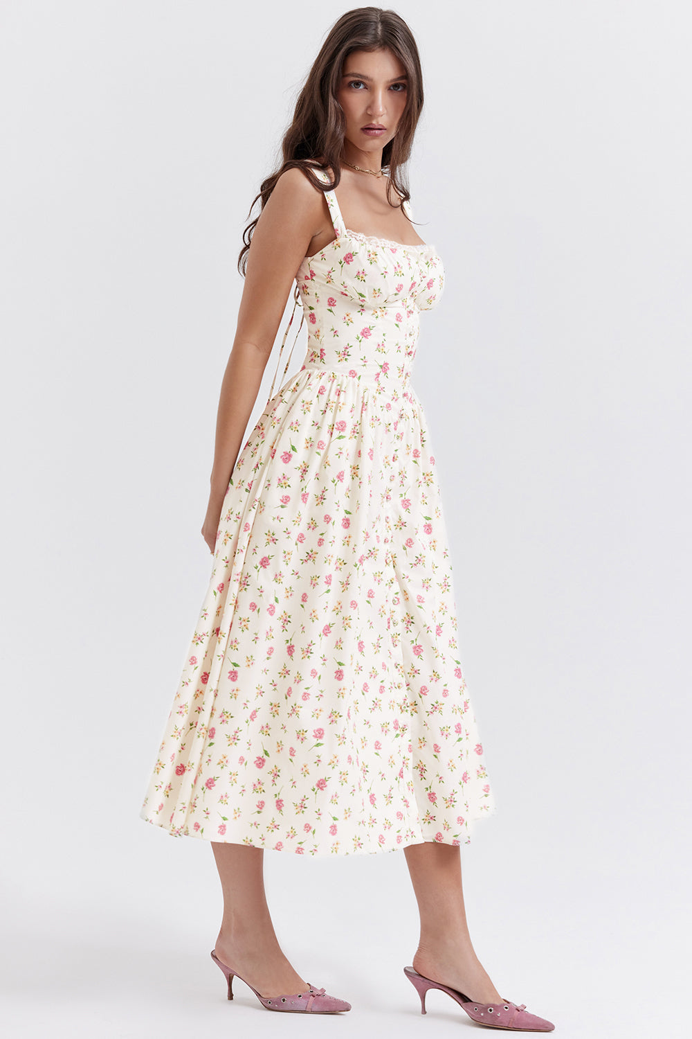 Flora™ | Vintage Midi-Kjole til Kvinder med Blomstermønster | Korsetliv & Svajende Nederdel for et Romantisk Look